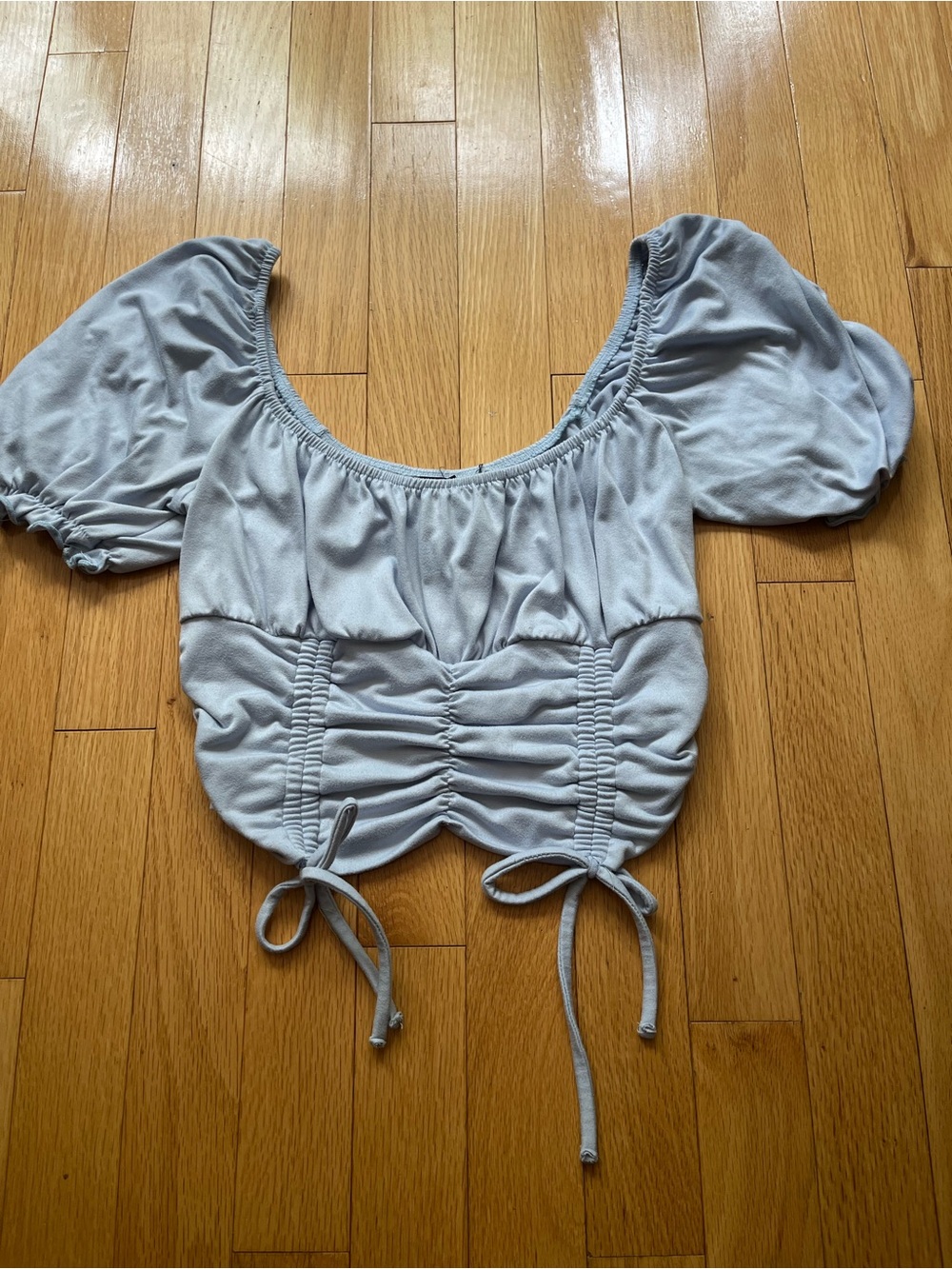 Forever 21 Light Blue Ruched Tie-Front Puff Sleeve Crop Top